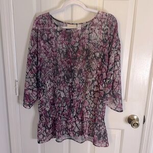 Chico’s Purple,Black& Gray Sheer Top Elastic Waist, Wide 3/4 Sleeves,Size 12